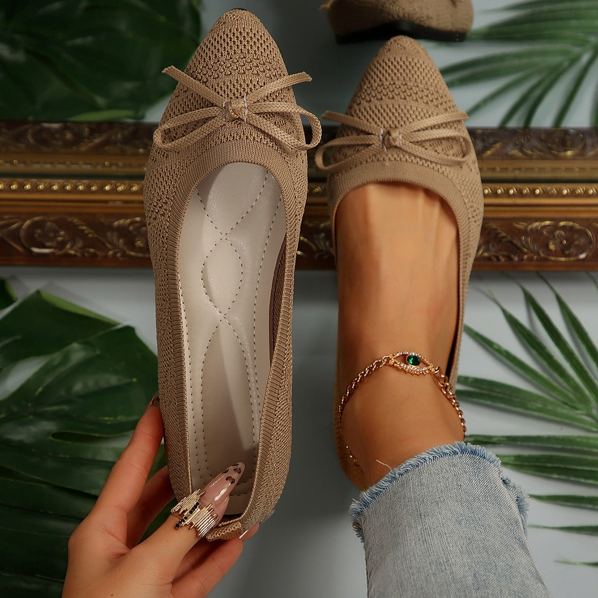 Damen-Ballerinas aus atmungsaktivem Strickgewebe mit dekorativer Schleife - Camila
