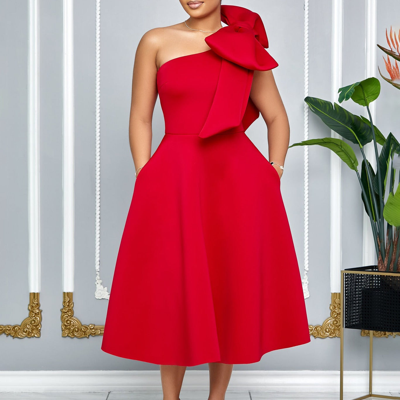 Damen Midikleid mit eleganter Schleife an einer Schulter - Mireya