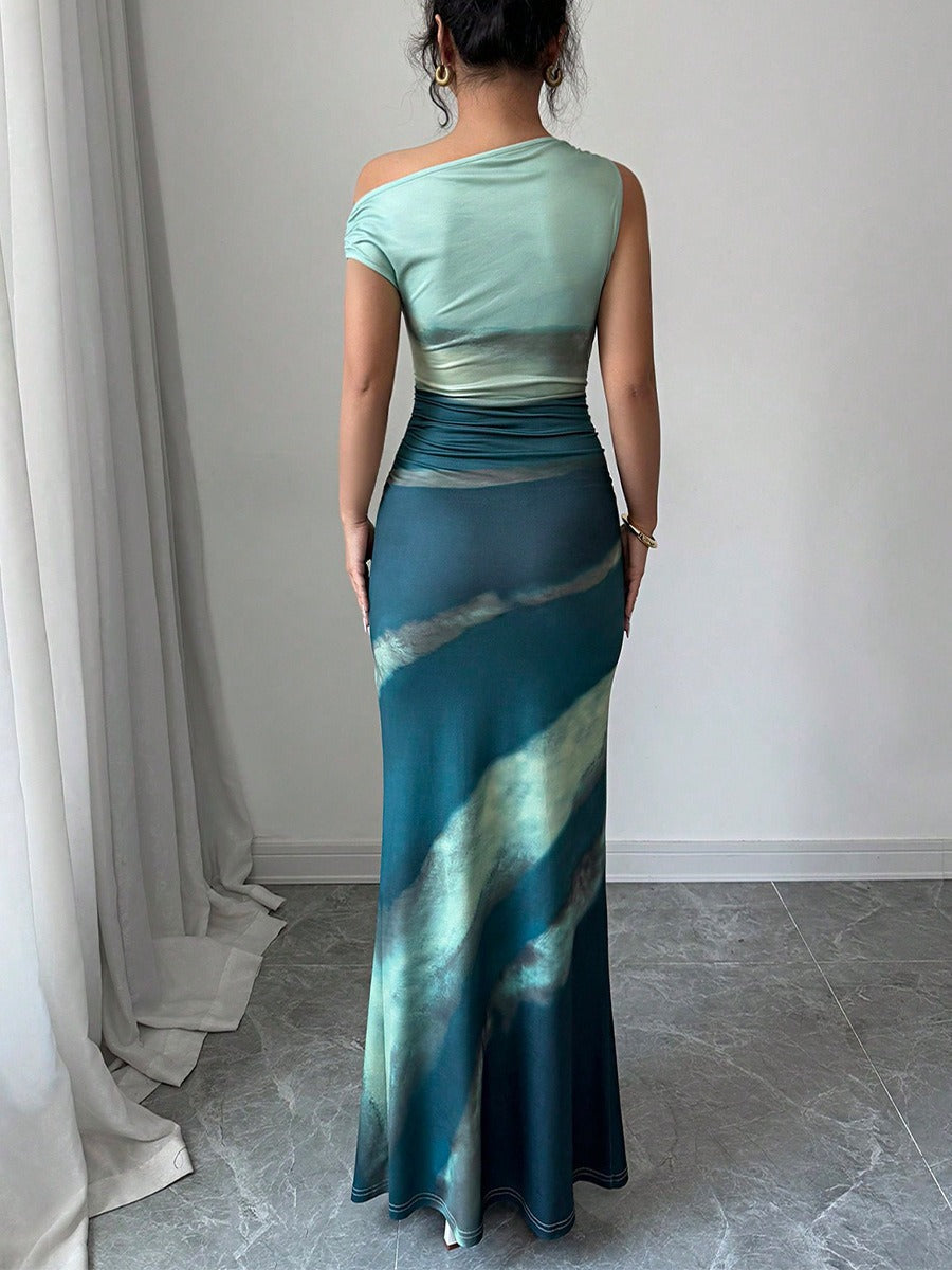 Langes Kleid mit Krawatteneffekt und asymmetrischer Schulterpartie - Natalia