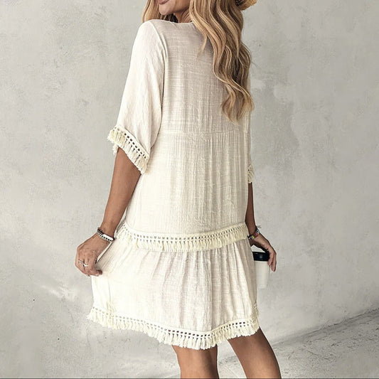 Robe femme bohème brodée de pompons ivoire blanc - Isadora