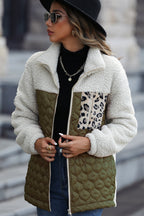 Élise - Sherpa-Jacke mit Reißverschluss und Stehkragen mit Leoparden-Patches