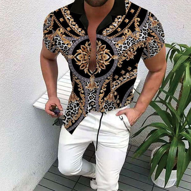 Chemise imprimée à manches courtes pour hommes, style rétro