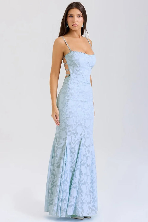 Langes Damenkleid mit eleganten gelben Spitzenträgern mit Meerjungfraueneffekt - Aurélie