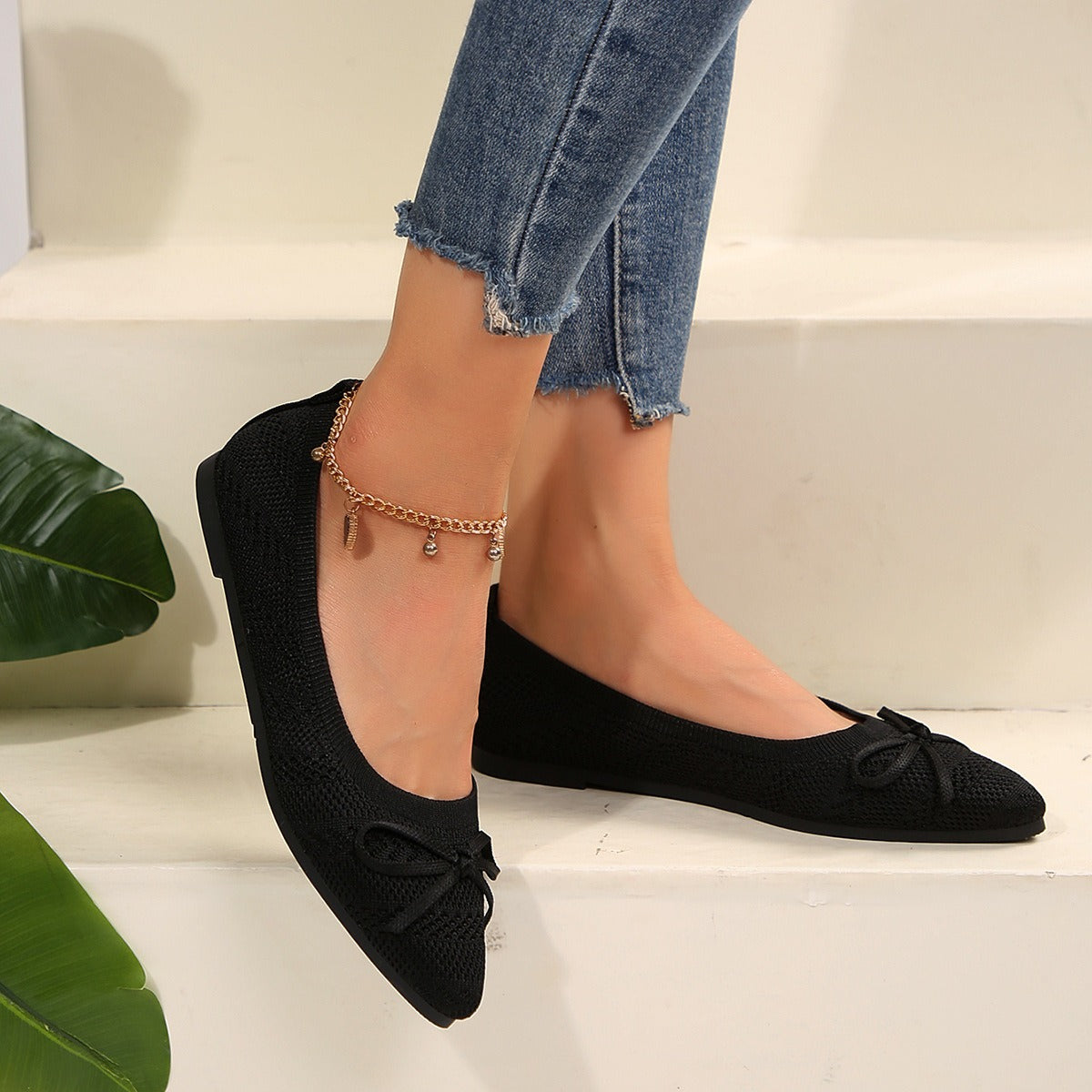 Damen-Ballerinas aus atmungsaktivem Strickgewebe mit dekorativer Schleife - Camila