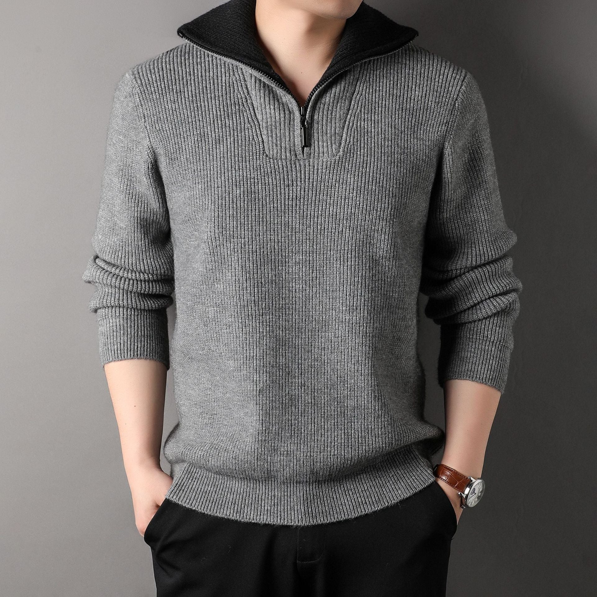 Herren-Rippstrickpullover mit halbem Reißverschlusskragen - Elion