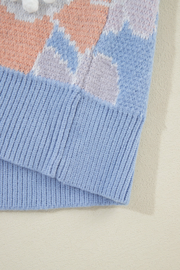 Blanche - Blauer Strickpullover mit Rundhalsausschnitt und Blumenmuster mit hängenden Schultern
