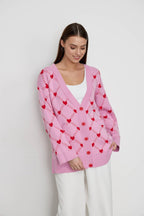 Damen Strickjacke mit Knöpfen und Herzdruck - Leeni