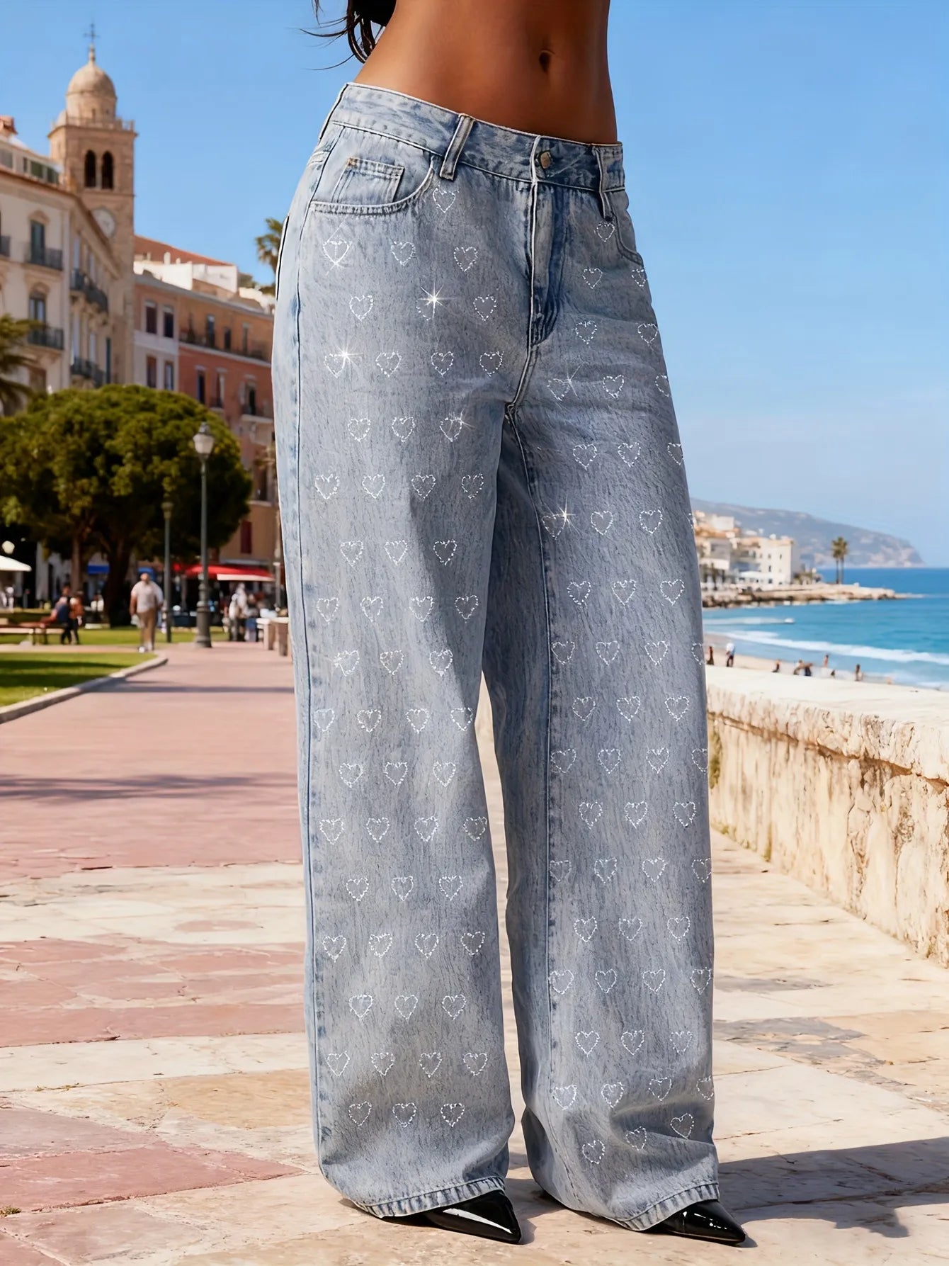High-Rise-Jeans für Damen mit glitzernden Herzen - Kimberly