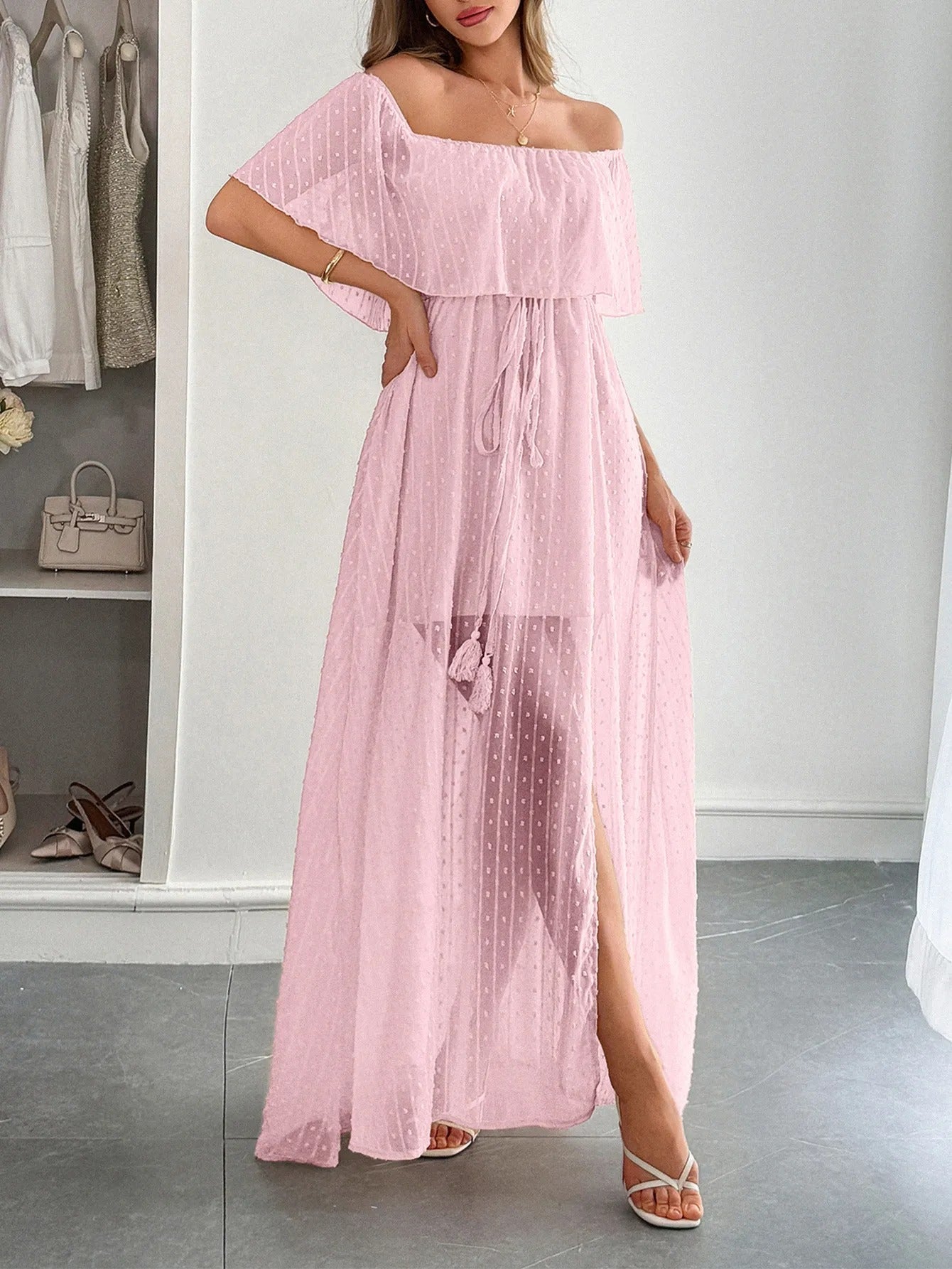 Langes Damen Kleid Plumeti Chiffon Bardot Ausschnitt - Julieta
