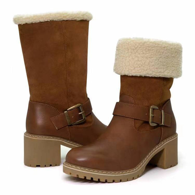 Vale - Damen Halbwadenstiefel zum Anziehen mit dickem Absatz, Schnalle und weichem Futter