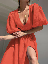 Martha - Peplum balloon sleeve tied dress