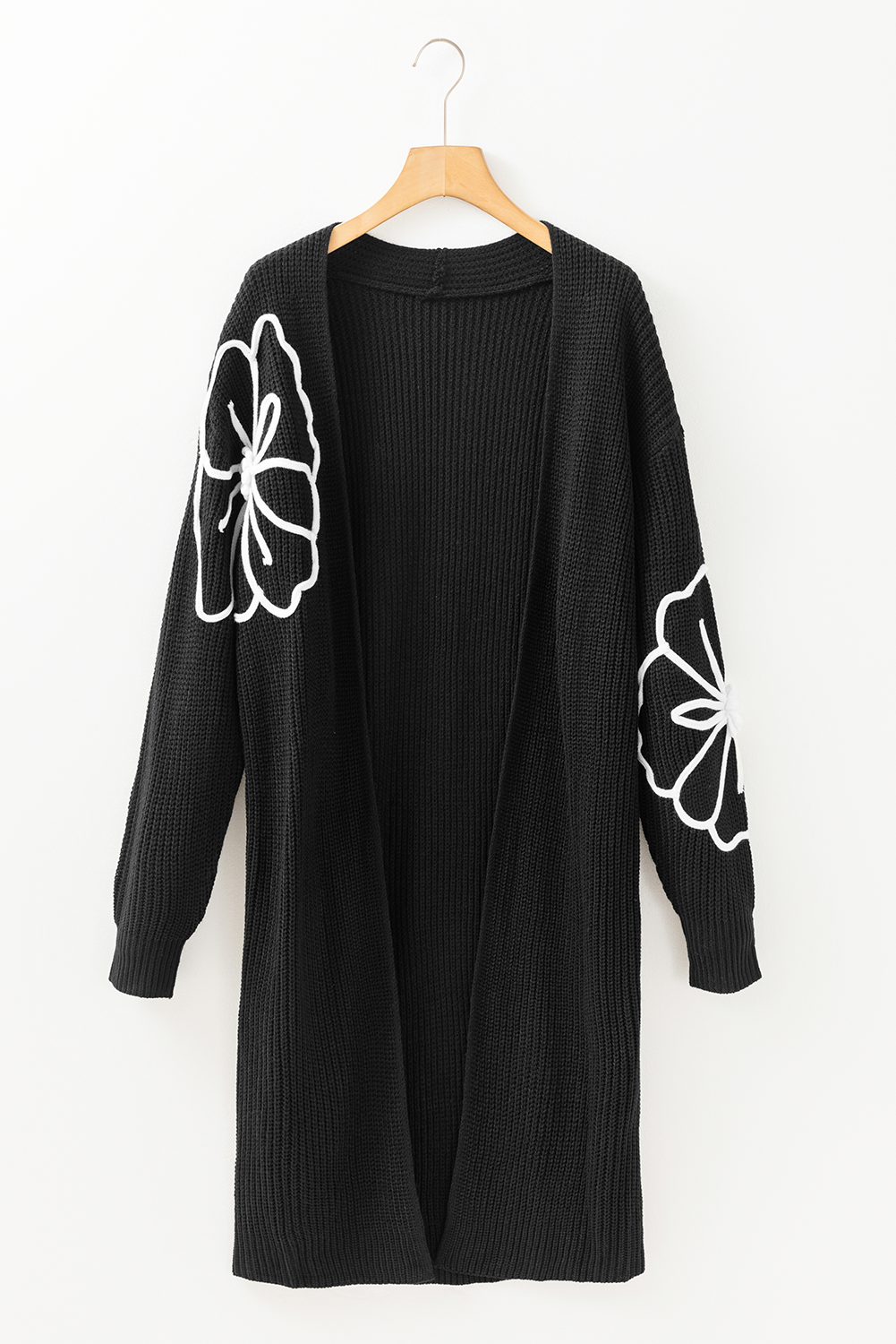 Arleth - Offene schulterfreie Duster-Strickjacke mit Blumenstickerei