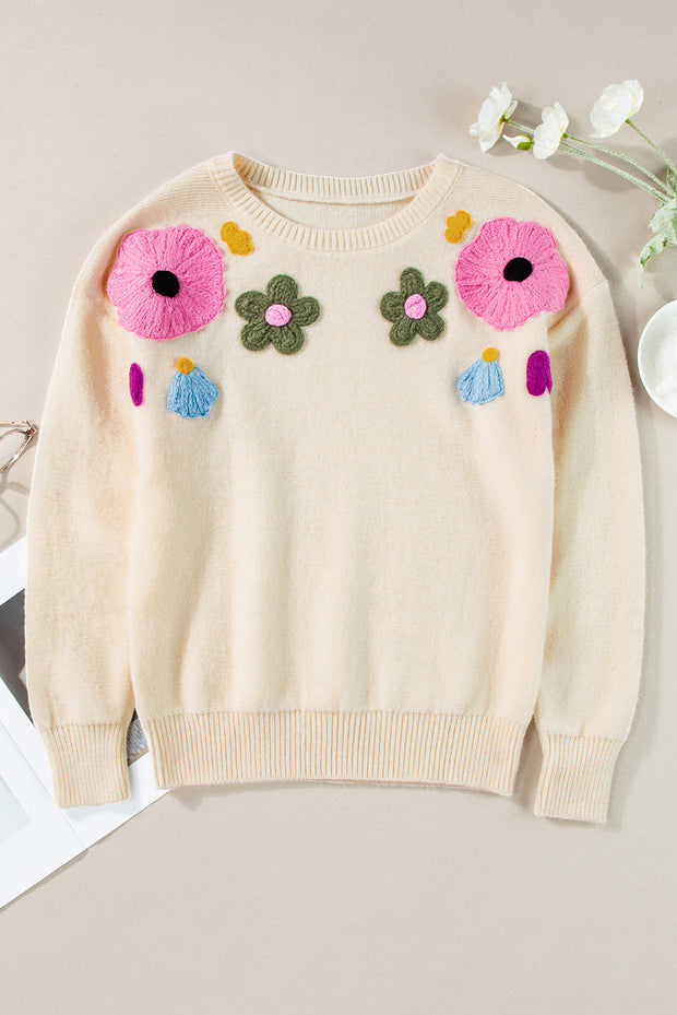 Anne - Strickpullover mit Blumenmuster und gerippten Kanten