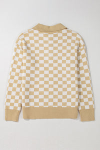 Aude - Karierter V-Ausschnitt Pullover mit Knöpfen und hängenden Schultern