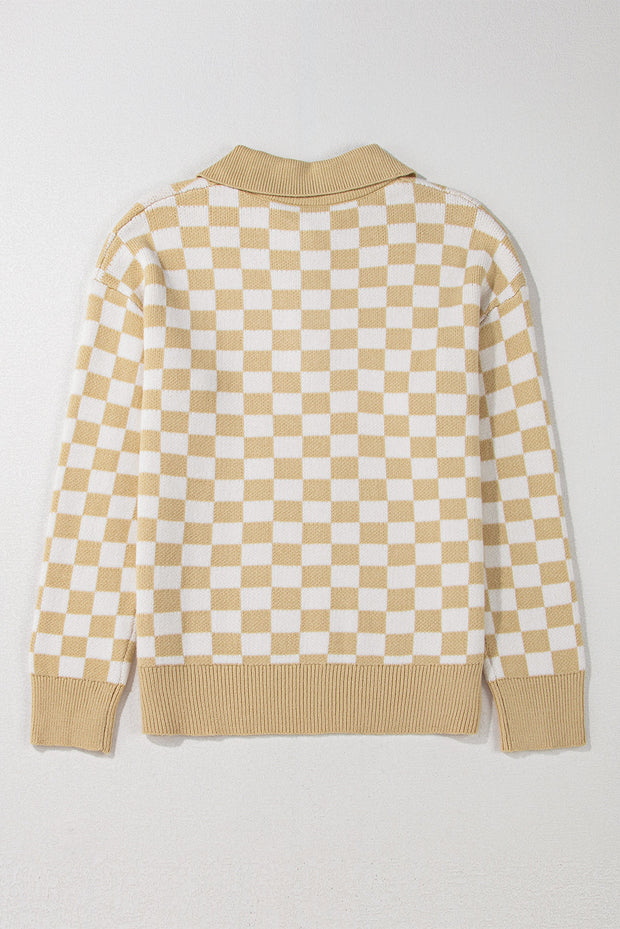 Aude - Karierter V-Ausschnitt Pullover mit Knöpfen und hängenden Schultern