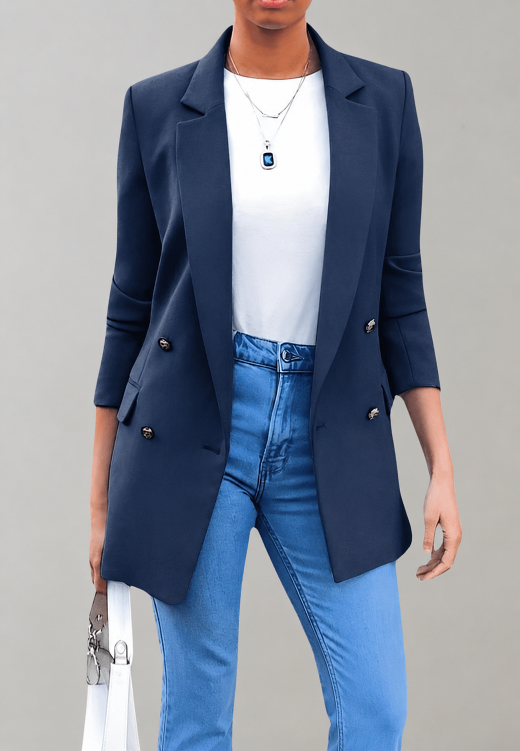 Langer Damenblazer mit doppelter Knopfleiste und Revers – Greta