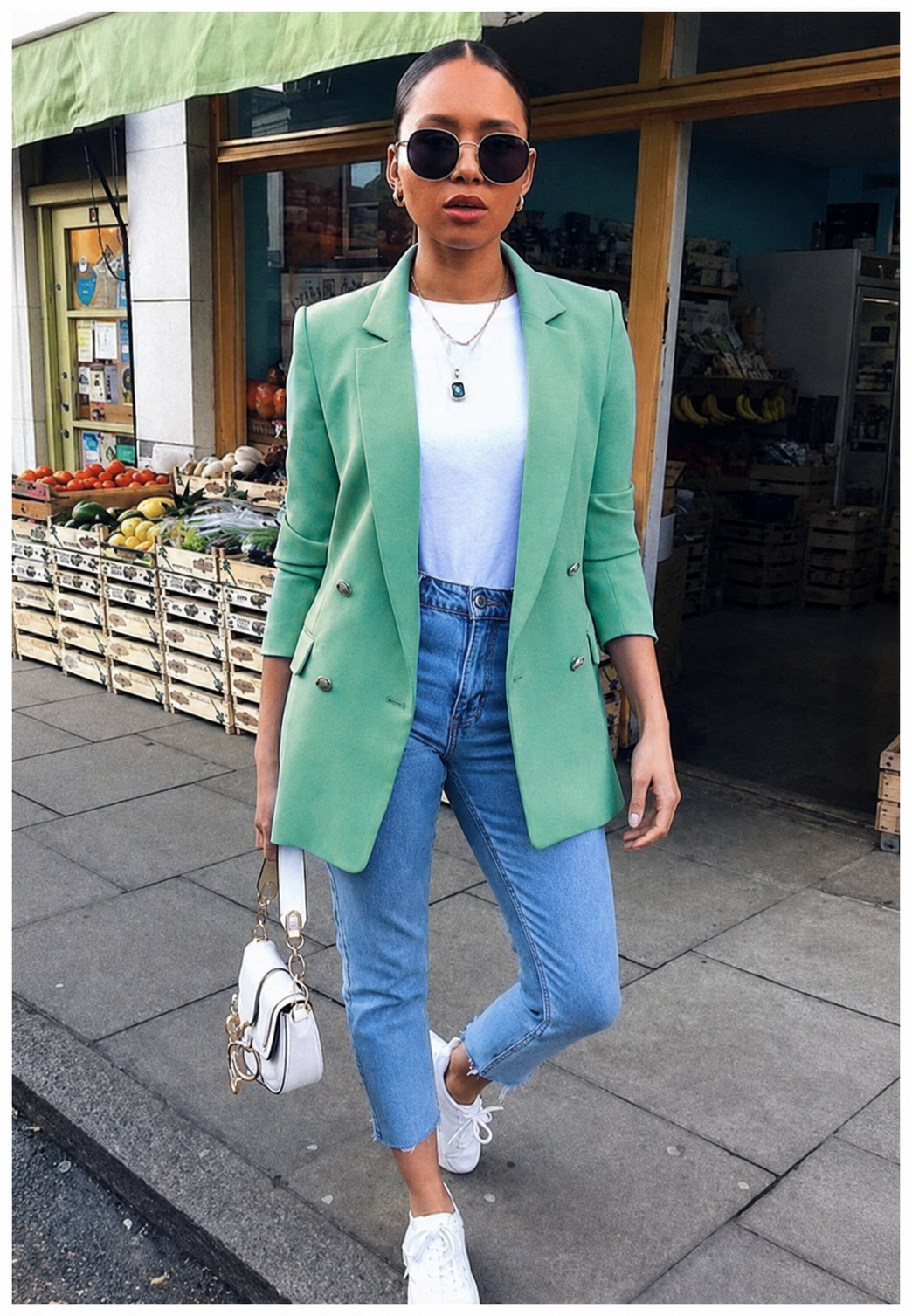 Langer Damenblazer mit doppelter Knopfleiste und Revers – Greta