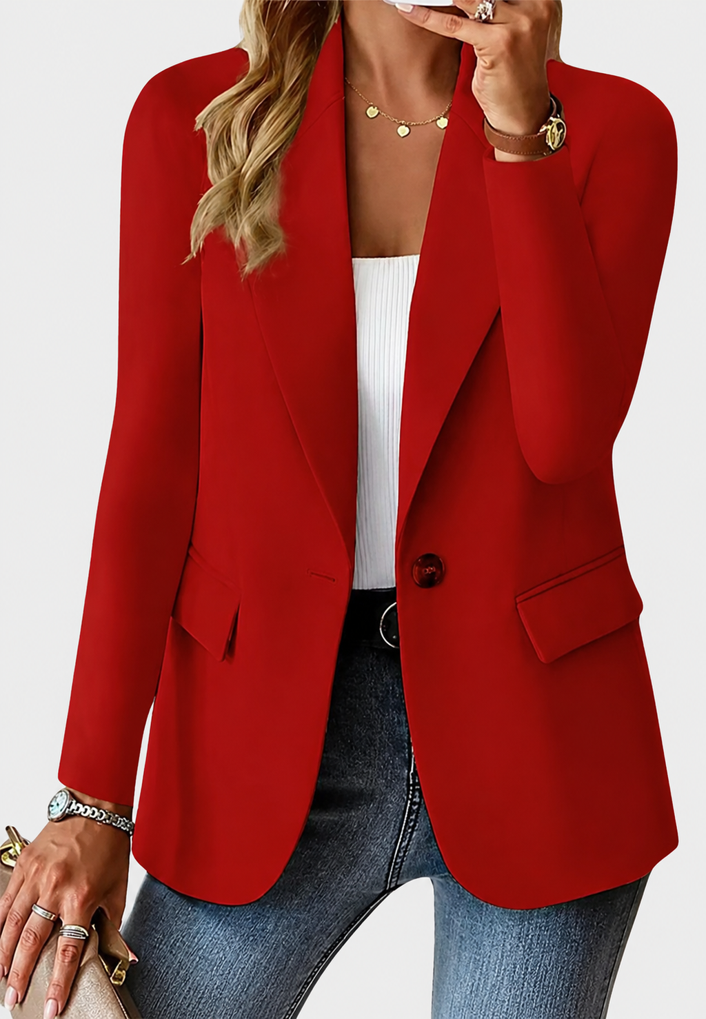 Damenblazer mit Ein-Knopf-Verschluss, Reverskragen und Taschen – Klara