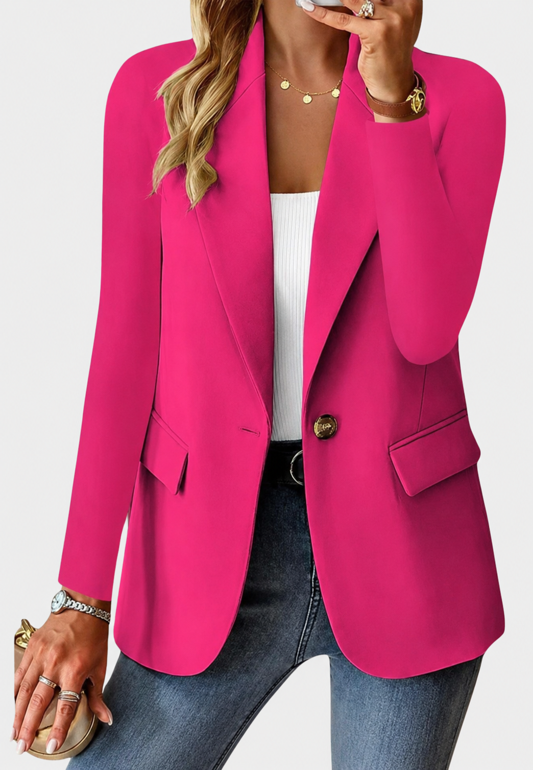 Damenblazer mit Ein-Knopf-Verschluss, Reverskragen und Taschen – Klara