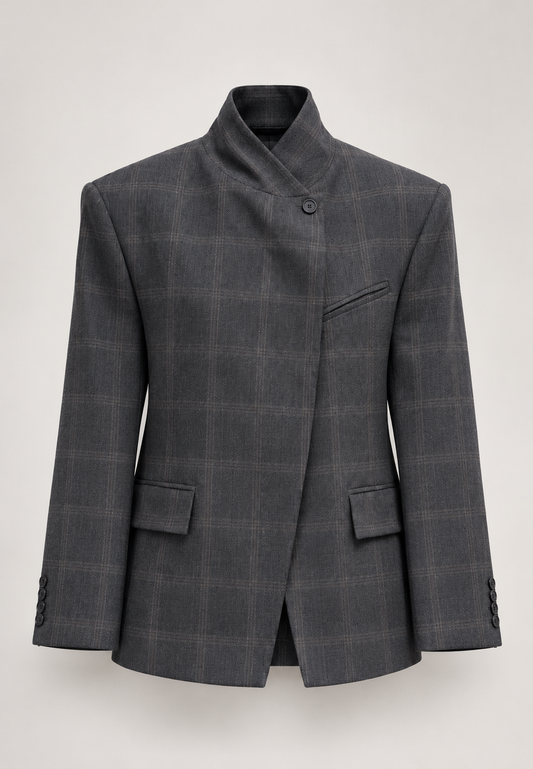 Blazer femme à carreaux, col montant, boutons apparents, épaulettes - Vega