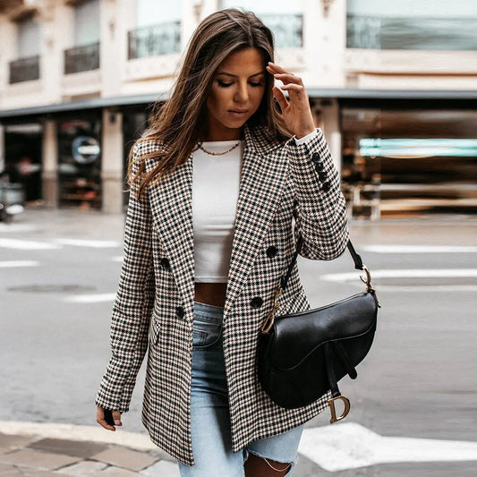 Blazer femme à carreaux, double boutonnage, revers - Karina