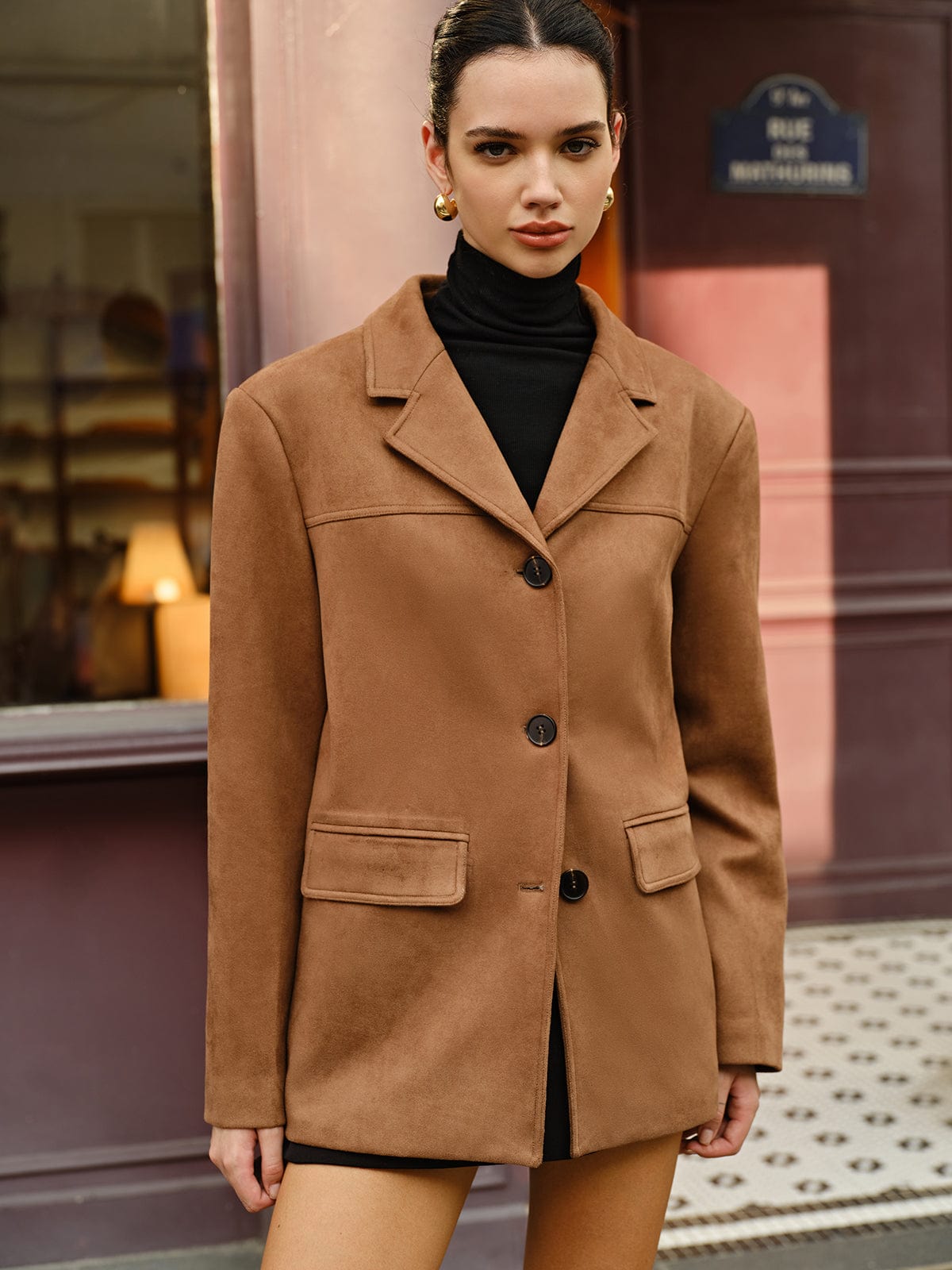 Damenblazer in Wildlederoptik, gerader Schnitt, Taschen mit Patte – Silke