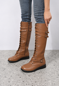 Bottes hautes femme style militaire lacets avant boucles métalliques - Bravena