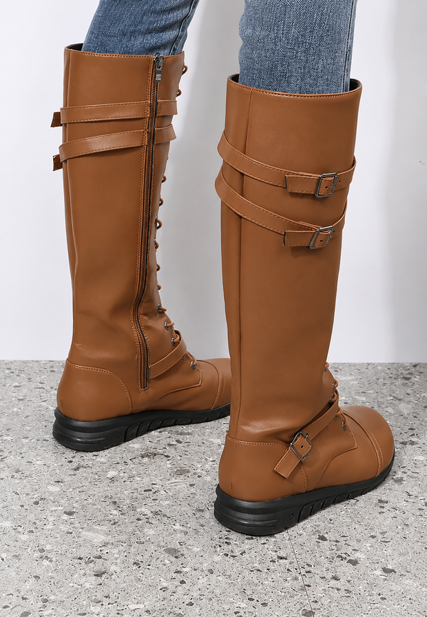 Bottes hautes femme style militaire lacets avant boucles métalliques - Bravena