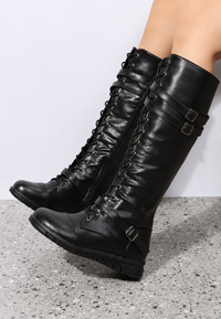Bottes hautes femme style militaire lacets avant boucles métalliques - Bravena