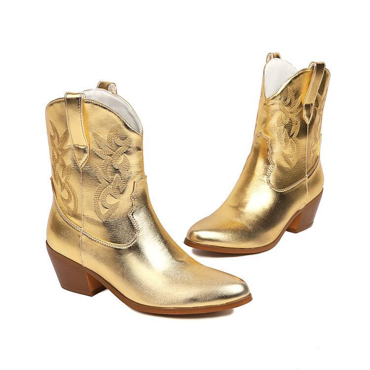 Cowboystiefel für Damen, mittelhoch, bestickt, mit breitem Absatz – Helga