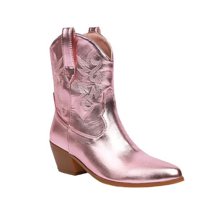 Cowboystiefel für Damen, mittelhoch, bestickt, mit breitem Absatz – Helga