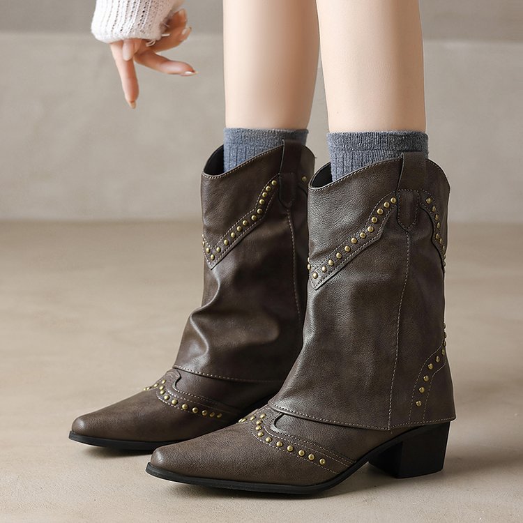 Cowboy-Stiefel für Damen, mittelhoch, mit Nieten und Blockabsatz – Maura