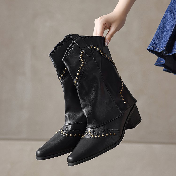 Cowboy-Stiefel für Damen, mittelhoch, mit Nieten und Blockabsatz – Maura