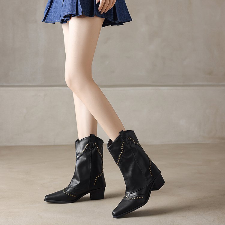 Cowboy-Stiefel für Damen, mittelhoch, mit Nieten und Blockabsatz – Maura