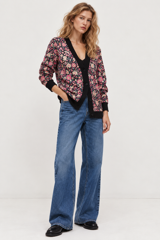Cardigan tricoté à motif floral pour femme, avec boutons - Emilia