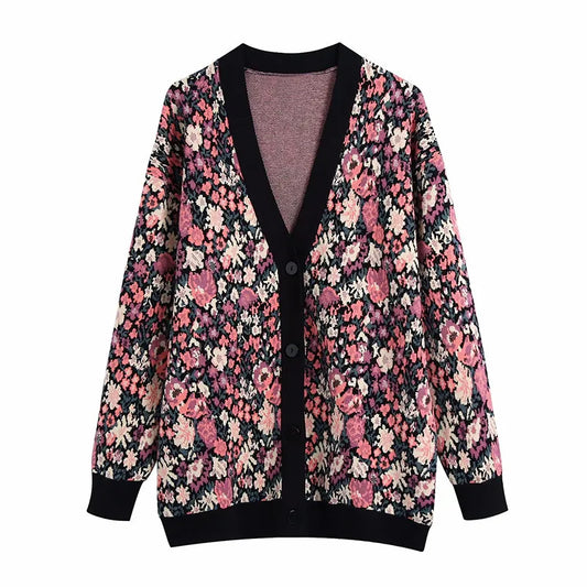 Cardigan tricoté à motif floral pour femme, avec boutons - Emilia