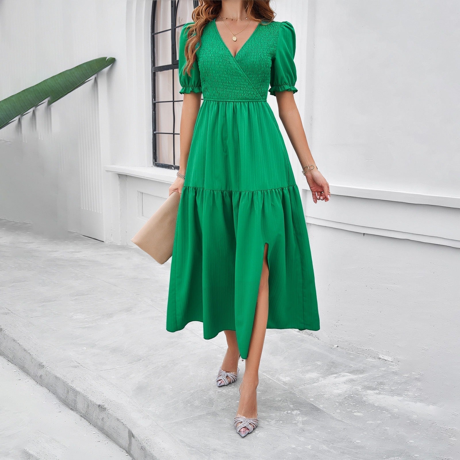 Damen Midikleid mit wabenförmigem Überkreuz-Ausschnitt - AmeliaV