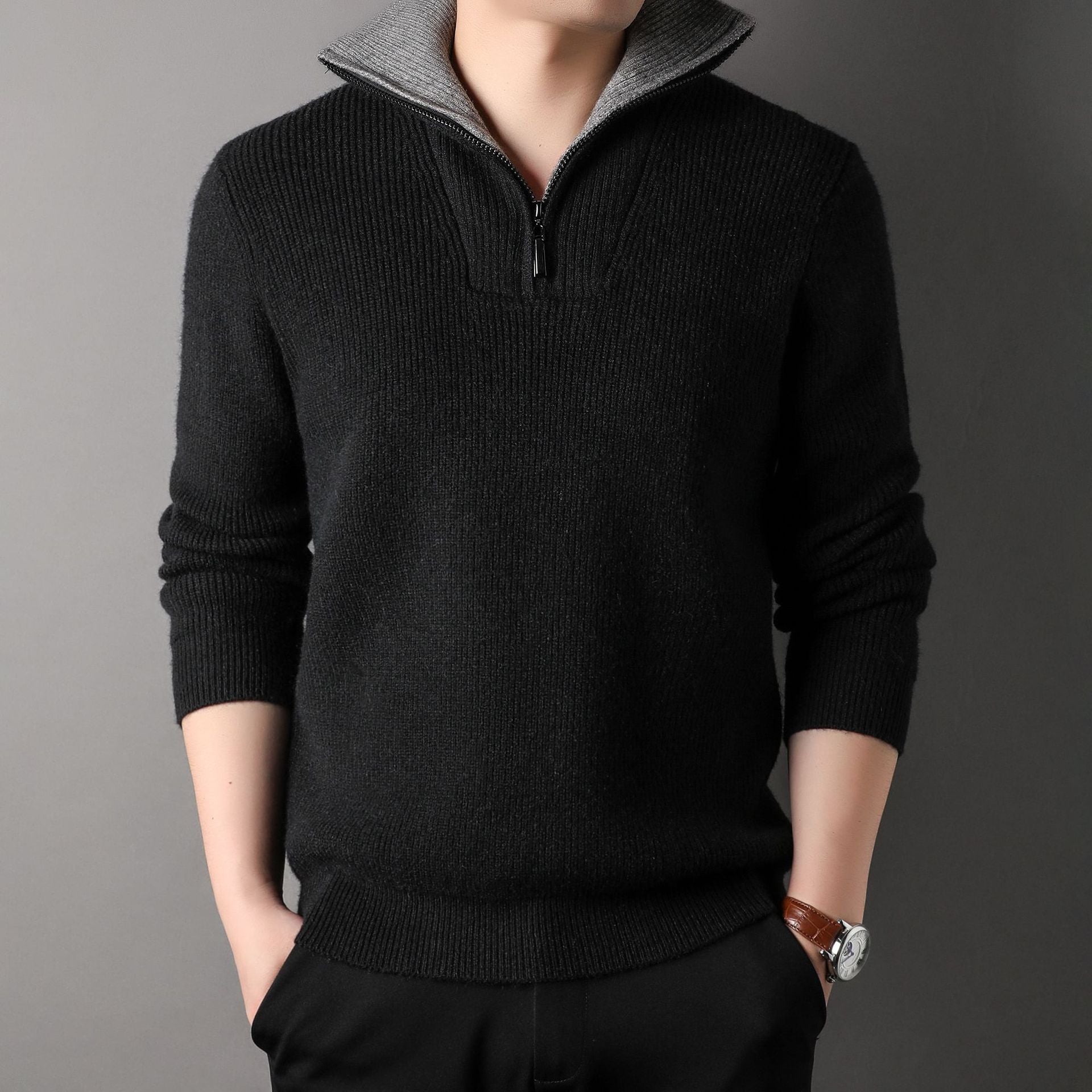 Herren-Rippstrickpullover mit halbem Reißverschlusskragen - Elion
