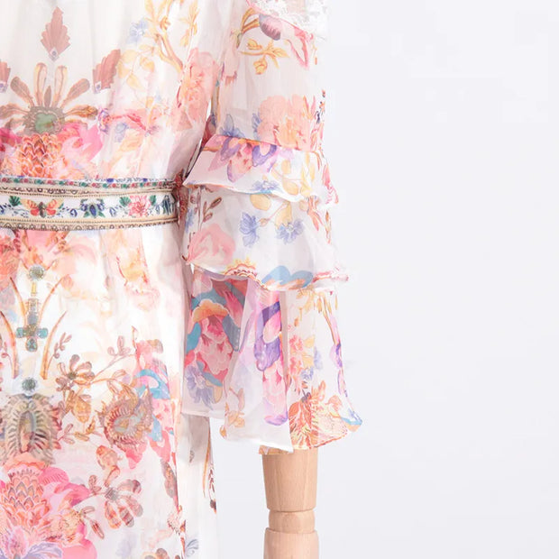 Robe Féérique à Col V - Cintrée avec Motif Floral