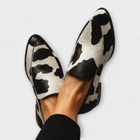 Damen Loafer Felloptik Kuhflecken-Print schwarz weiß flache Sohle – Kary