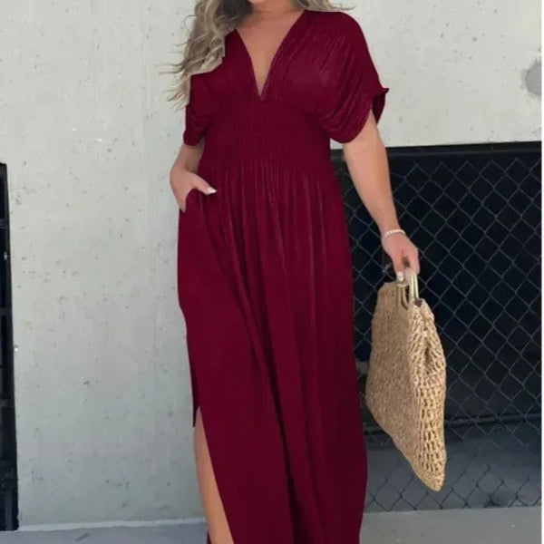 Langes Frauenkleid mit V-Ausschnitt und geraffter Taille - Renata