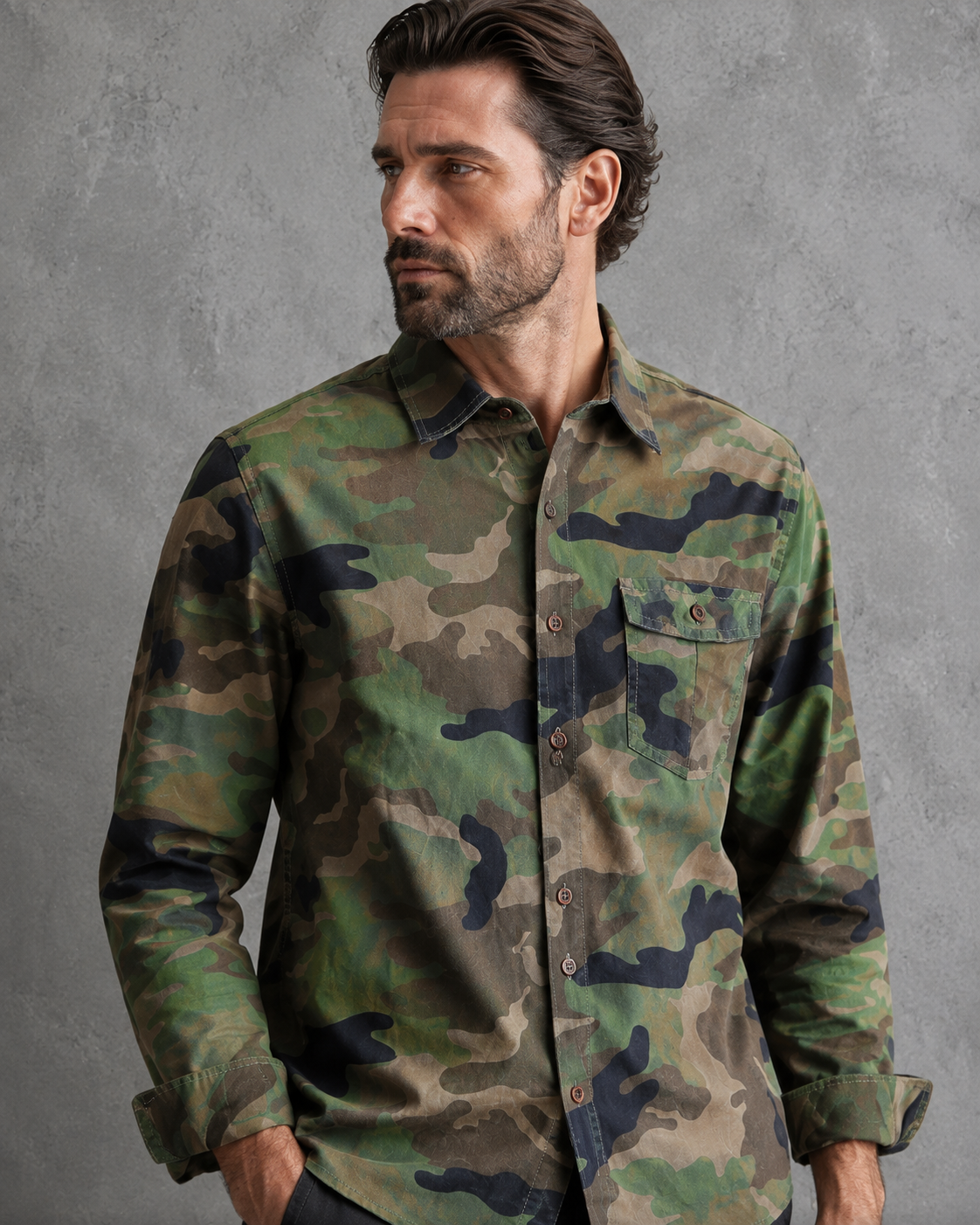 Herrenhemd im Camouflage-Look mit langen Ärmeln und Brusttasche – Orsen