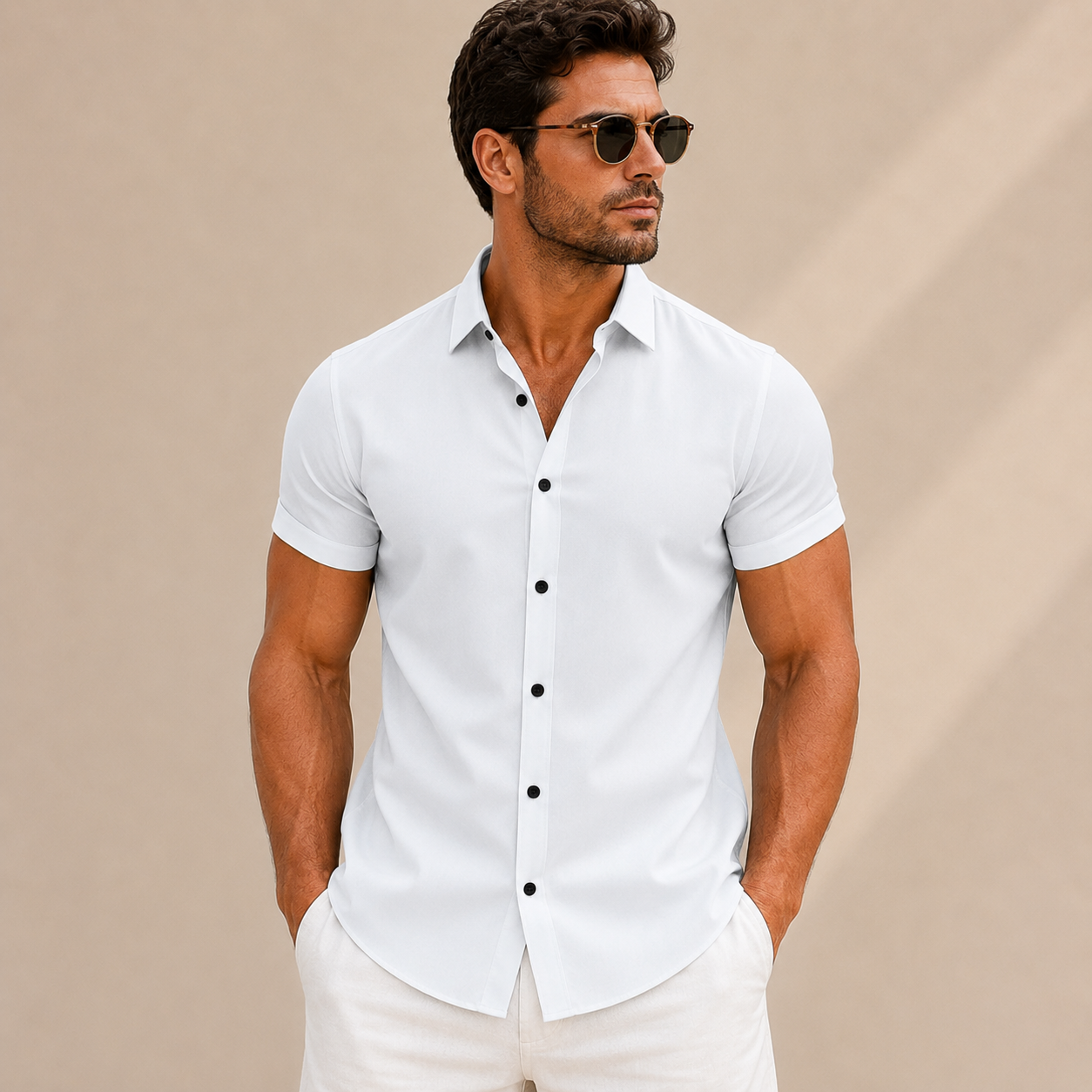 Einfarbiges Herrenhemd mit kurzen Ärmeln, Slim Fit – Bertram
