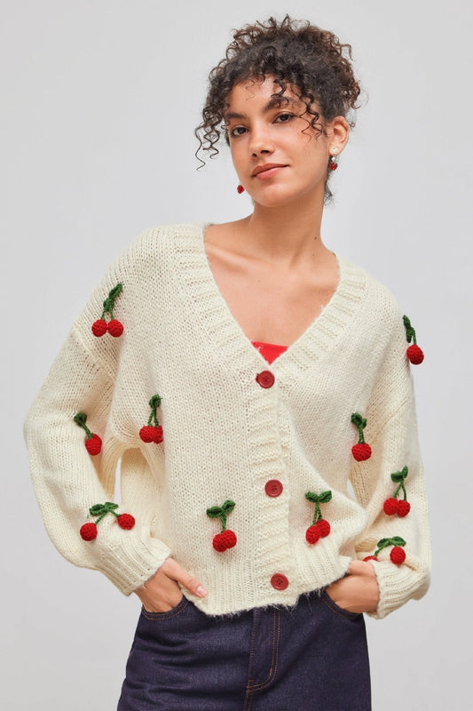 Lockerer Strickcardigan mit V-Ausschnitt und Kirschapplikationen – Frieda