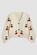 Lockerer Strickcardigan mit V-Ausschnitt und Kirschapplikationen – Frieda