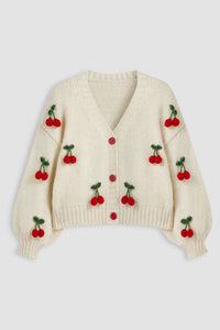 Cardigan ample en maille, col en V, avec des applications en forme de cerises - Frieda