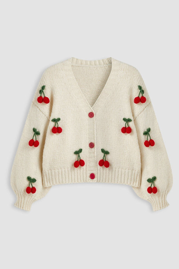 Cardigan ample en maille, col en V, avec des applications en forme de cerises - Frieda