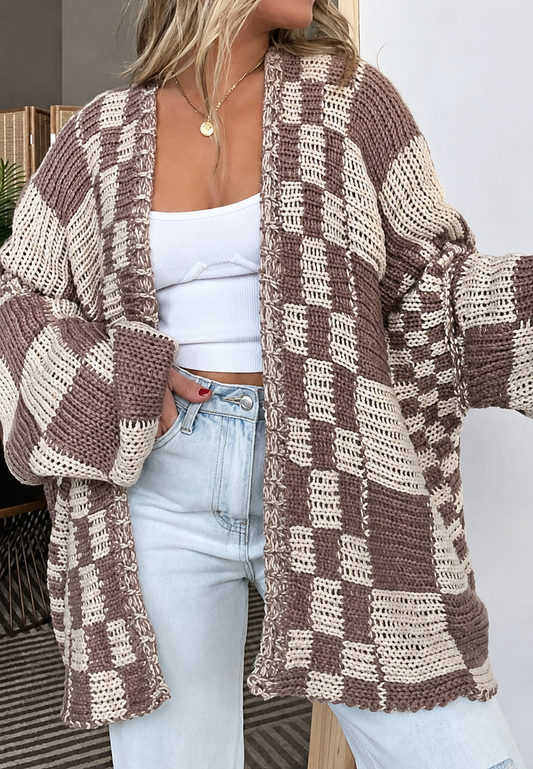 Cardigan tricoté à carreaux pour femme, manches longues, ouvert sur le devant - Bruna