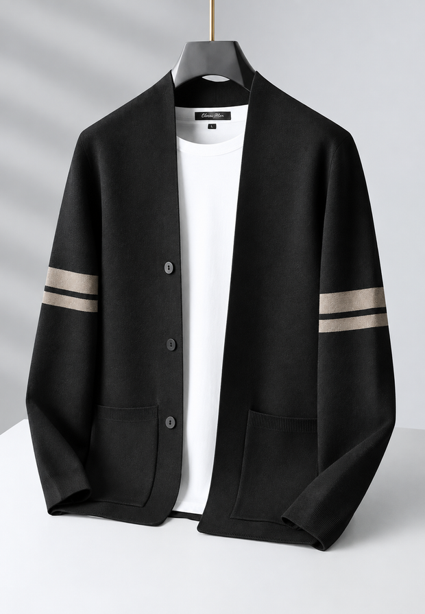 Herren-Strickjacke mit V-Ausschnitt, gestreiften Ärmeln und Knöpfen – Lennart