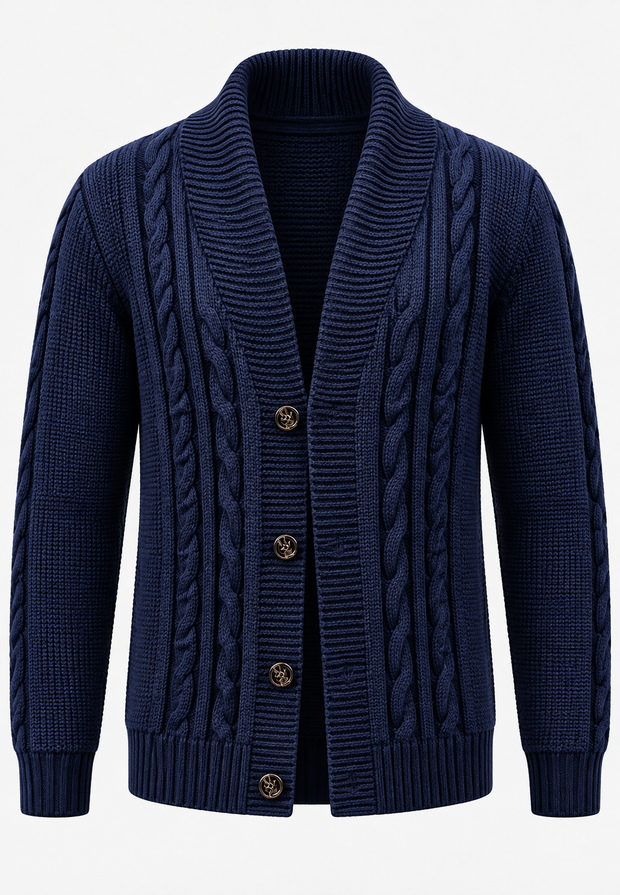 Herren-Strickjacke mit Zopfmuster, Schalkragen und Knöpfen – Gauthier